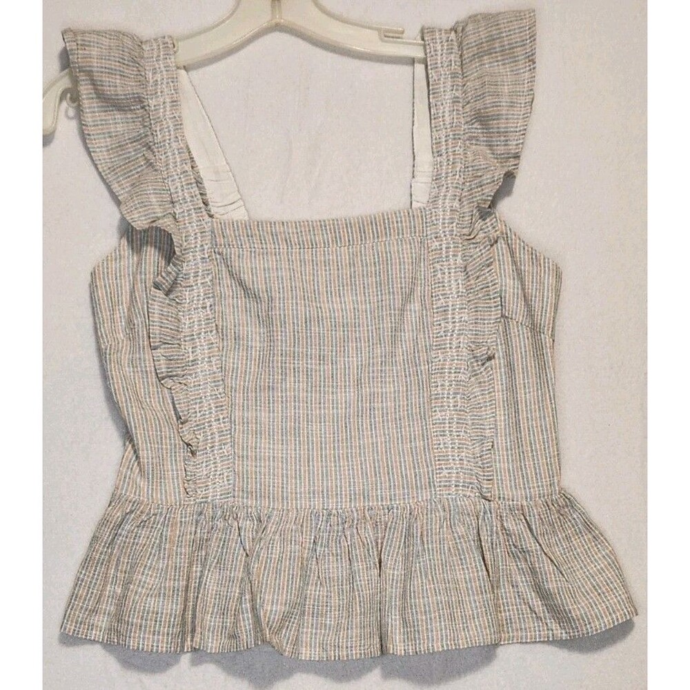 Jopna Vertical Striped Smocked Back Tank Flutter Blouse Peplum Summer Feminine